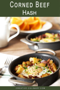 Corned Beef Hash on Table with Oranges and Coffee