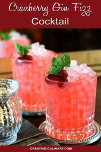 Cranberry Gin Fizz Cocktail in Lowball Glass Garnished with Cranberries and Mint