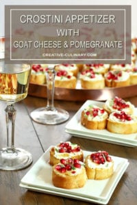 Crostini with Goat Cheese and Pomegranate on a White Square Plate with White Wine