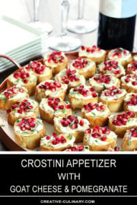 Crostini with Goat Cheese and Pomegranate on a Marble and Copper Serving Tray