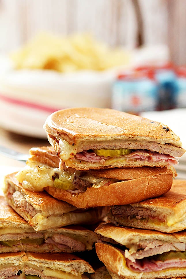 Cubano Sandwich Cut and Stacked on Plate