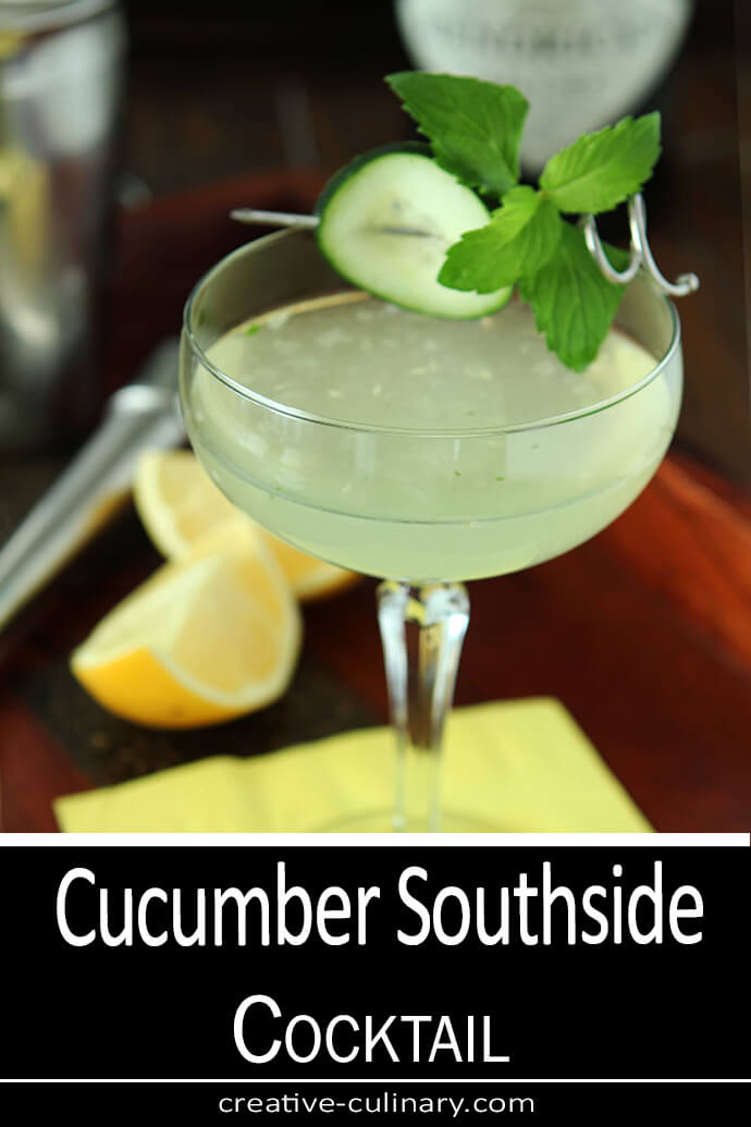 Cucumber Southside Cocktail with Gin, Cucumber, and Mint Served in a Coupe Glass with Cucumber and Mint Garnish