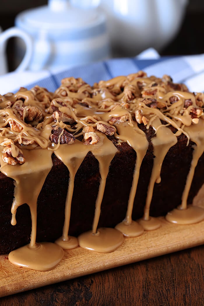 Date Coffee Cake with Walnuts and Espresso Glaze