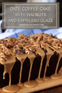 Date Coffee Cake with Walnuts and Espresso Glaze on a Bread Board