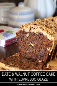 Sliced Loaf of Date Coffee Cake with Walnuts and Espresso Glaze