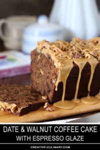 Sliced Loaf of Date Coffee Cake with Walnuts and Espresso Glaze