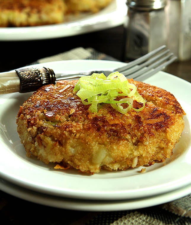 Double Smashed Potato Cakes with Leeks, Garlic, Bacon and Thyme from 