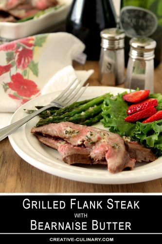 Flank Steak with Bearnaise Butter Served with Asparagus and Green Salad