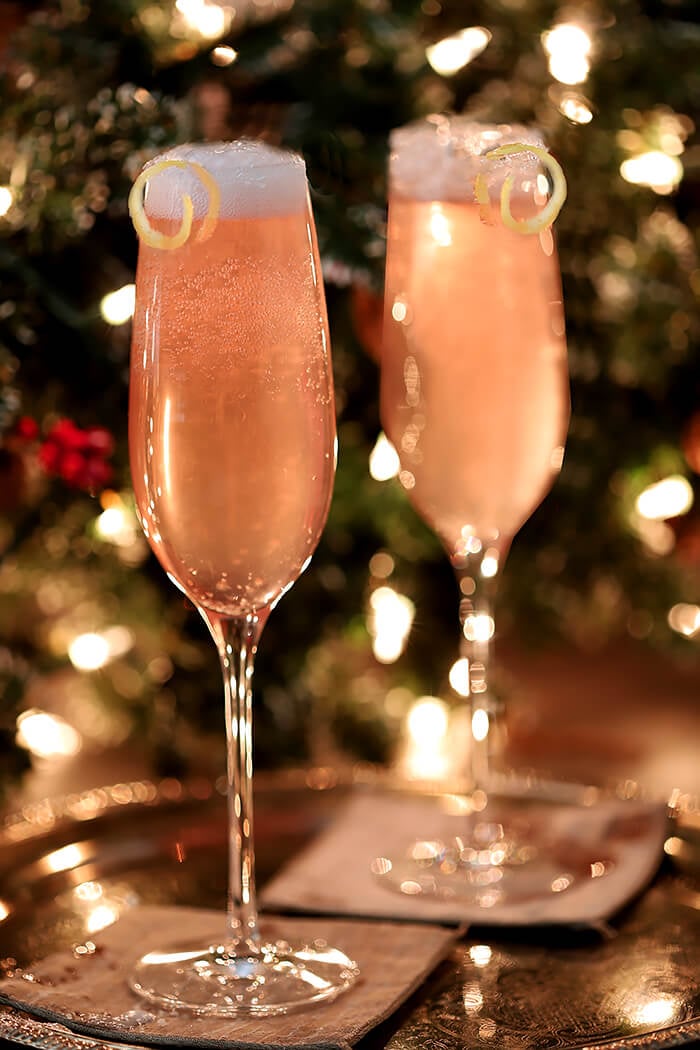 Pair of French 77 Pink Champagne Cocktails on Silver Tray