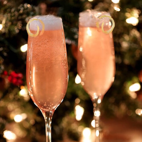 Pair of French 77 Pink Champagne Cocktails on Silver Tray