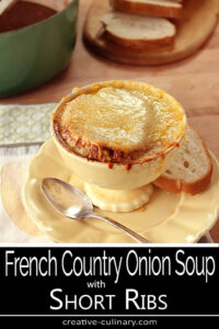 French Country Onion Soups with Short Ribs In Yellow Bowl on Yellow Plate