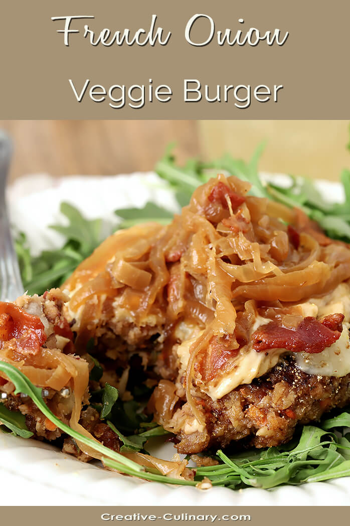 French Onion Veggie Burger with Caramelized Onions and Bacon