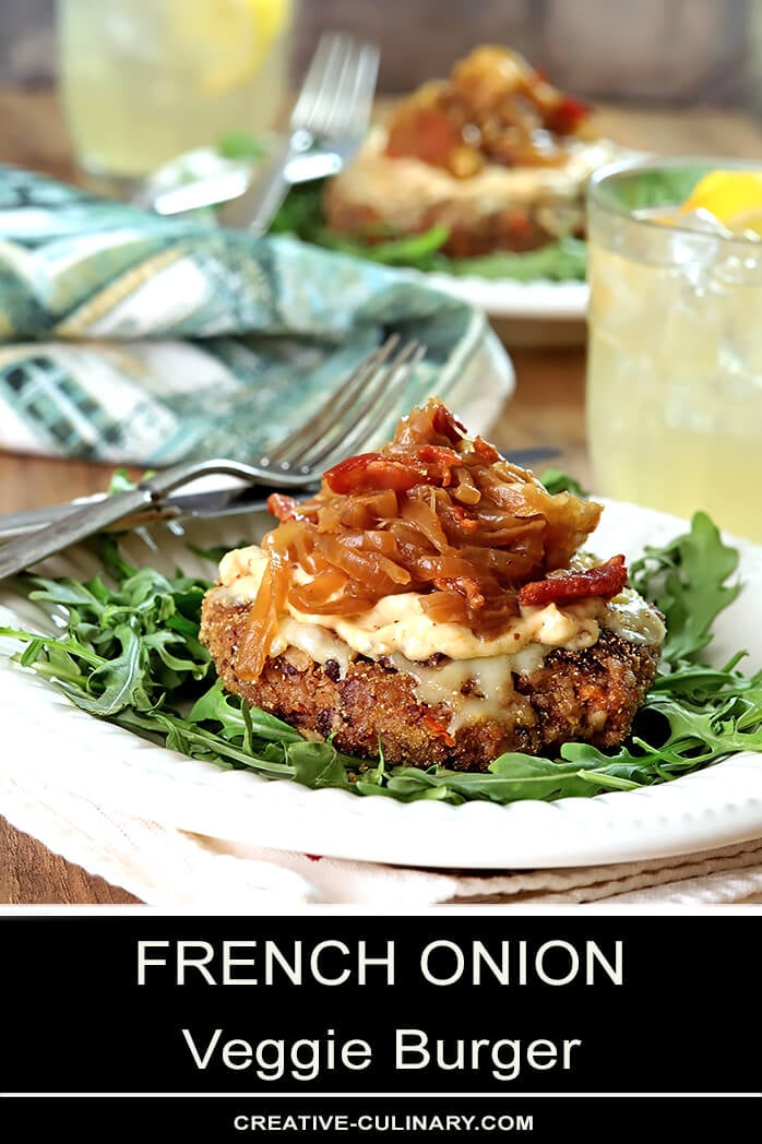 French Onion Veggie Burger with Caramelized Onions Served on Arugula