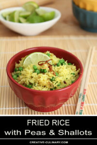 Crispy Shallots Fried Rice in Wok in Red Bowl with Lime Garnish