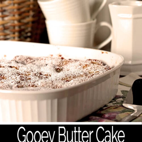 Gooey Butter Cake Overnight French Toast in a White Baking Pan