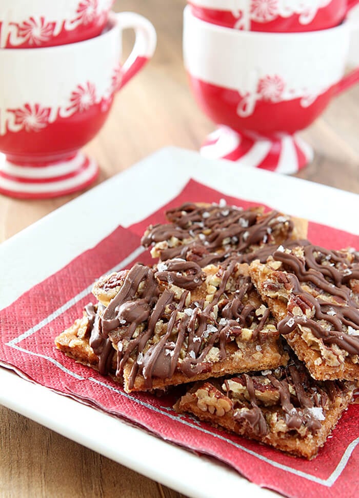 Salted Chocolate Graham Cracker Toffee on a Red Napkin