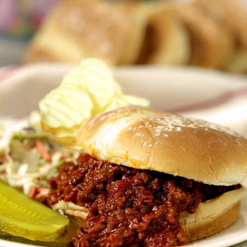 Sloppy Joe Sandwich with Pickle and Chips