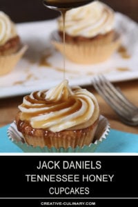 Closeup of Jack Daniels Honey Whiskey Cupcakes with a Boozy Drizzle from a Spoon