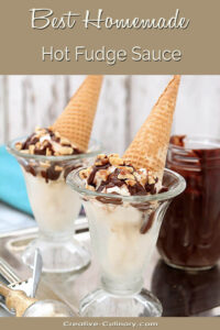 Best Hot Fudge Sauce Spooned Over Vanilla Ice Cream with Nuts and a Sugar Cone