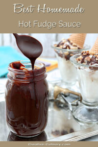 Best Hot Fudge Sauce in a Mason Jar with Sauce Drizzled From a Spoon