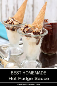 Best Hot Fudge Sauce Spooned Over Vanilla Ice Cream with Nuts and a Sugar Cone