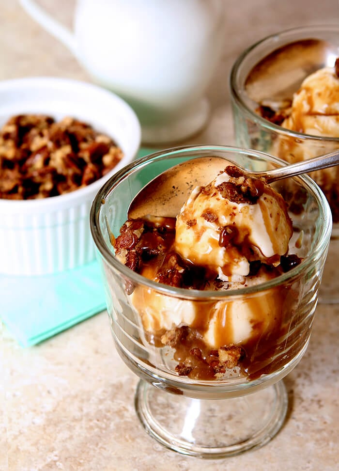 Bowls of Ice Cream topped with Irish Coffee Caramel Sauce