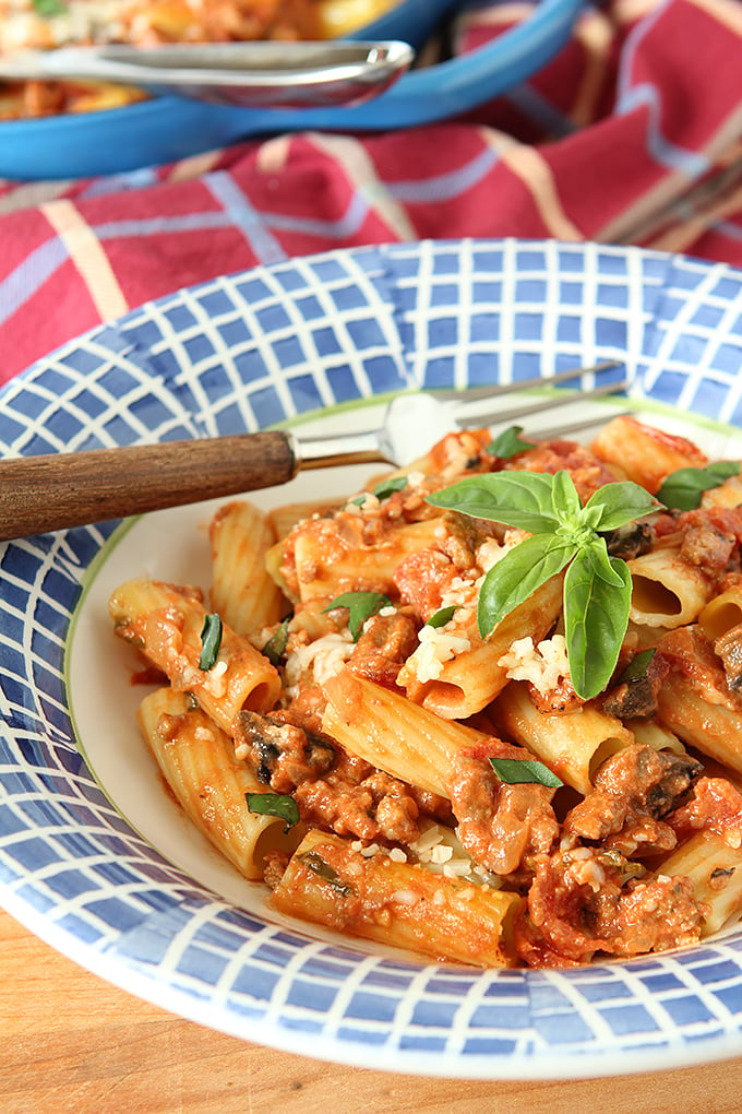 Roasted Tomato and Italian Sausage Pasta with Cream in Blue and White Bowl