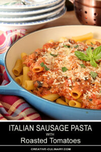 Italian Sausage Pasta with Roasted Tomatoes and Vodka Cream Served in Blue Skillet