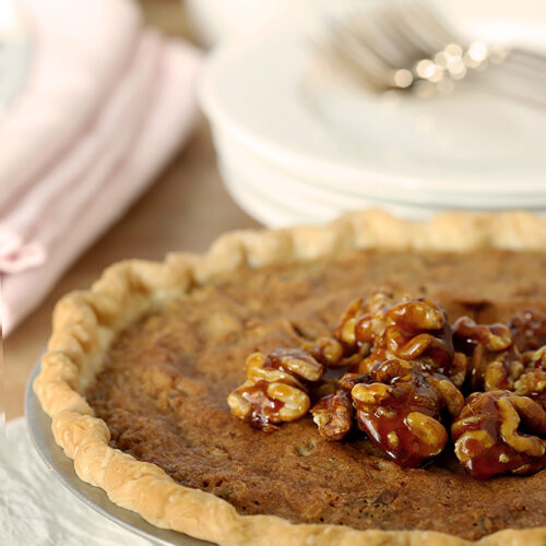 Kentucky Derby Pie with Walnuts and Bourbon in a Pie Plate