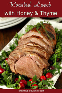 Roasted Lamb with Honey and Thyme on White Serving Plate with Greens and Cranberries