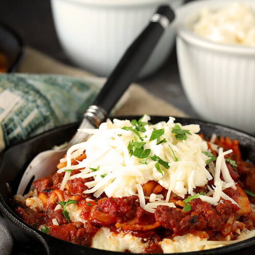 Quick Cheesy Lasagna in Instant Pot Served in Mini Cast Iron Skillets