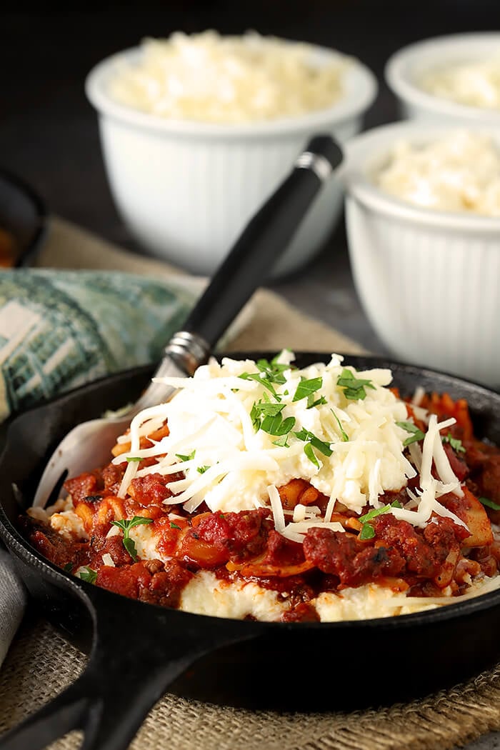 Quick Cheesy Lasagna in Instant Pot Served in Mini Cast Iron Skillets