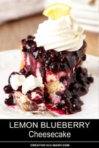 Single Slice of Lemon Blueberry Cheescake with a Blueberry Topping Served with Whipped Cream Topping and Lemon Quarter