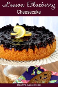 Whole Lemon Blueberry Cheescake with a Blueberry Topping with Lemon Garnish on a White Cakeplate