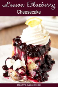 Single Slice of Lemon Blueberry Cheescake with a Blueberry Topping Served with Whipped Cream Topping and Lemon Quarter