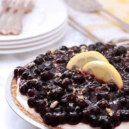 Lemon Cream Pie with Blueberries Whole with Lemon Slices for Garnish