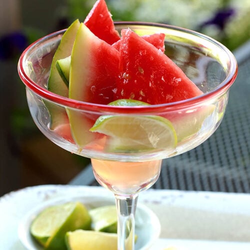 Margarita Watermelon Slices Served in a Traditional Margarita Glass