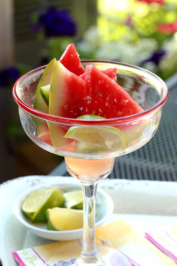 Margarita Watermelon Slices Served in a Traditional Margarita Glass