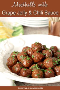 Grape Jelly and Chili Sauce Meatballs Served in a White Bowl with Parsley Garnish