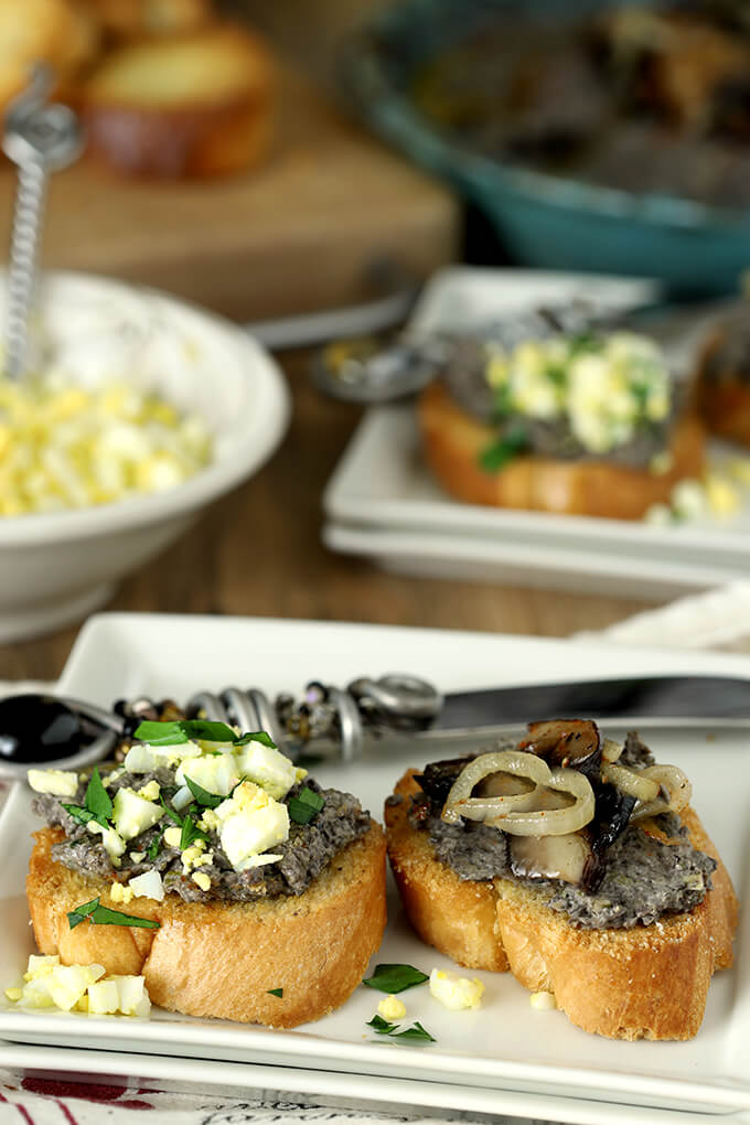 Creamy Mushroom and Walnut Pate Appetizer Served with a Mushroom and Onion Garnish and a Hard Boiled Egg Garnish