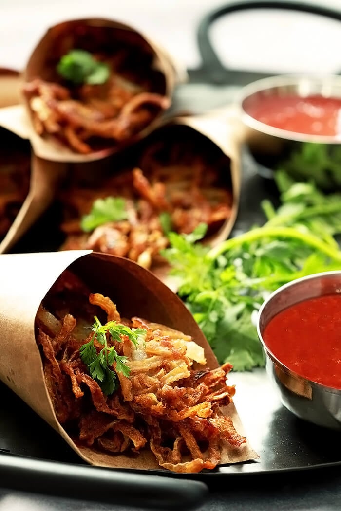 Onion Pakoras - Indian Onion Fritters Served with a Sweet Chili Sauce