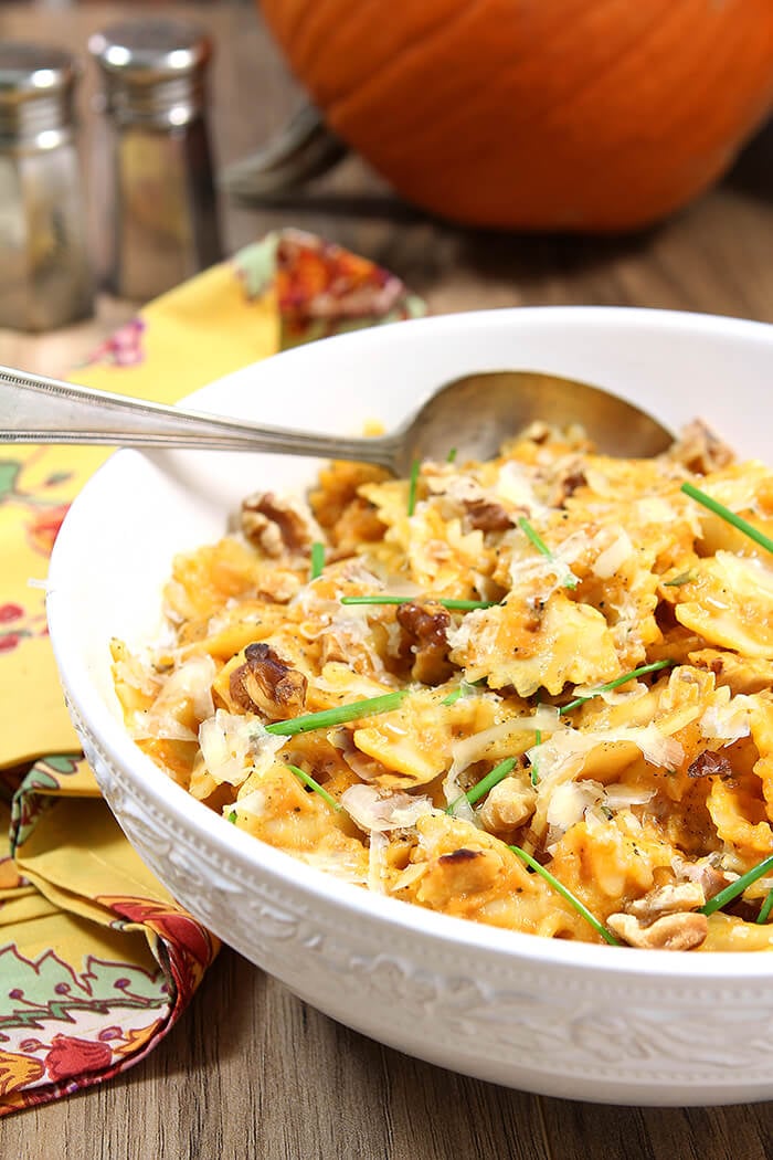 White Serving Bowl with Pumpkin and Mascarpone Sauce Served on Farfelle Pasta