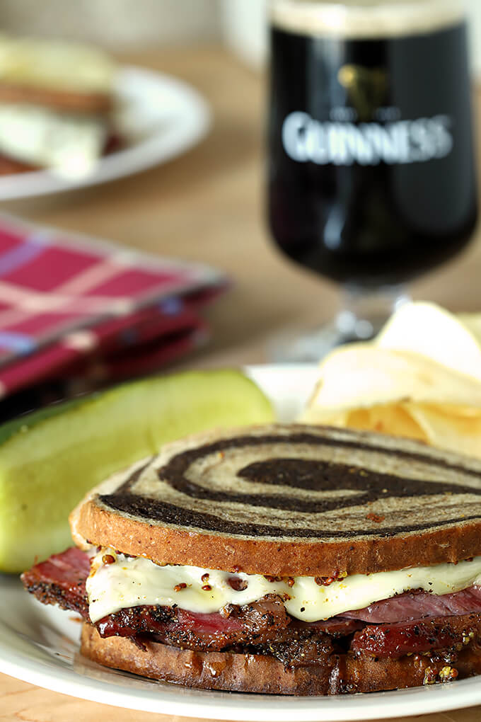 Homemade Pastrami with Swiss Cheese and Mustard Served on a Plate