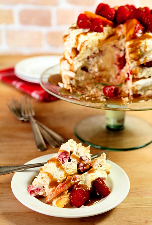 Peach Melba Pavlova with Bourbon Caramel Sauce