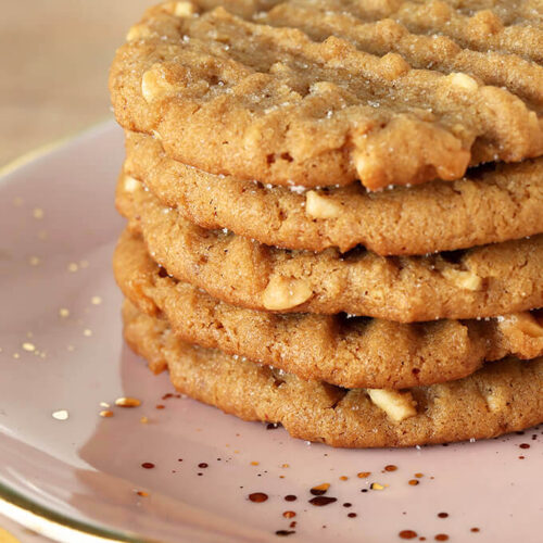 Flourless (Gluten Free) Peanut Butter Cookies Stacked on a Pink Plate