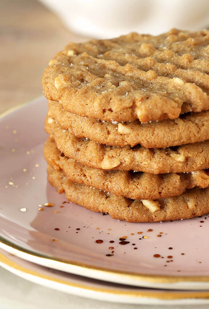 Flourless (Gluten Free) Peanut Butter Cookies Stacked on a Pink Plate