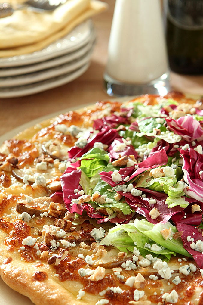 Pear, Gorgonzola and Hazelnut Pizza with Mixed Greens