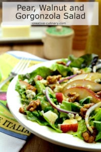 Plate with Salad of Greens, Pear, Walnuts, and Gorgonzola Cheese