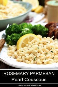 Rosemary Parmesan Couscous Served with Broccoli and Garnished with a Lemon Wedge