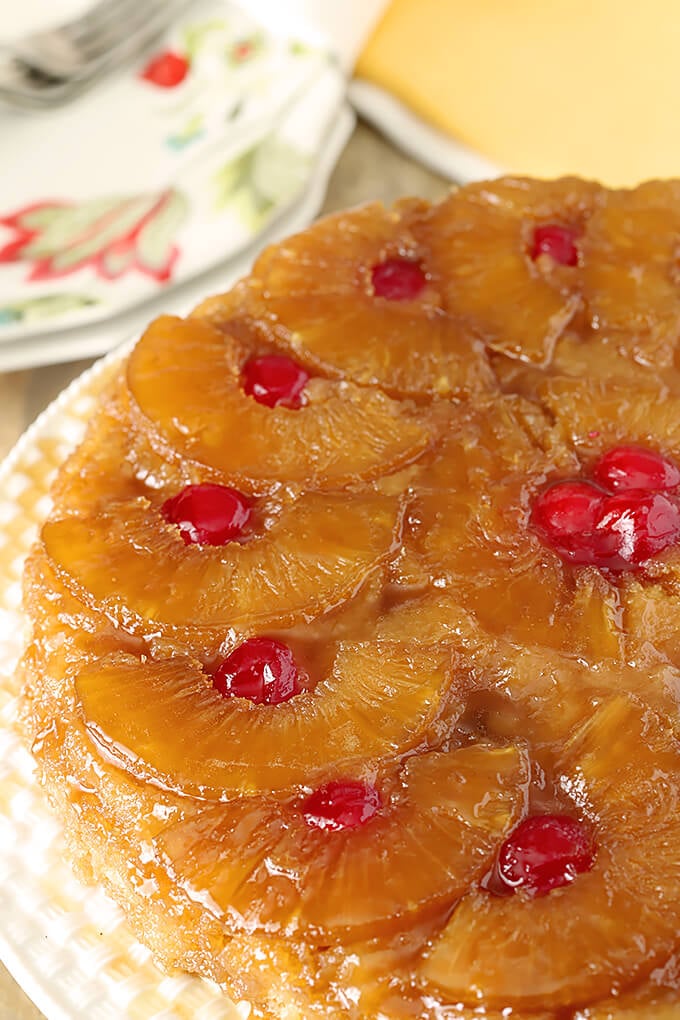 Pineapple Upside Down Cake with Rum from the Top with Cherries